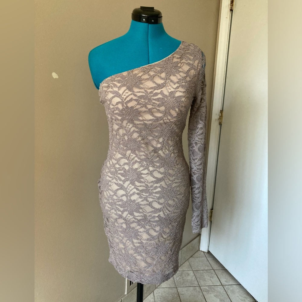Windsor One-Shoulder Lace Bodycon Dress in Taupe